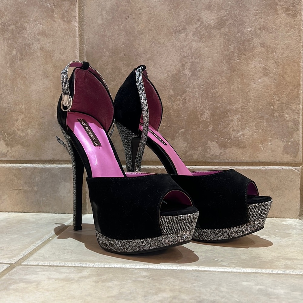 6 inch heel black velvet and silver sparkle heels with ankle tie